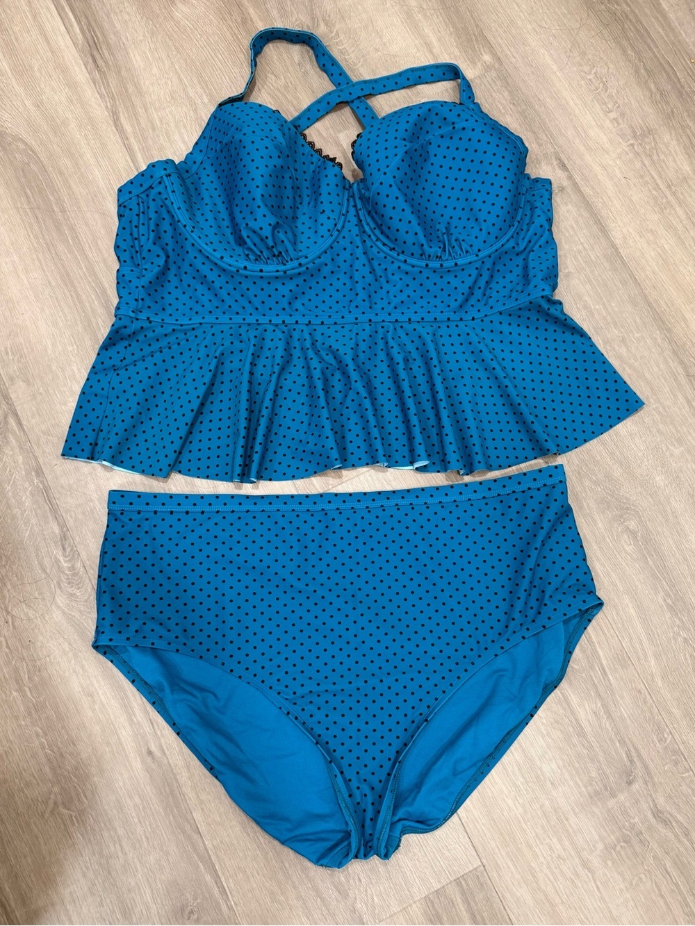 Terra & Sky Teal Black Polka Dot Peplum Two Piece Swimsuit Size 3X Beach Vacay - Picture 9 of 9